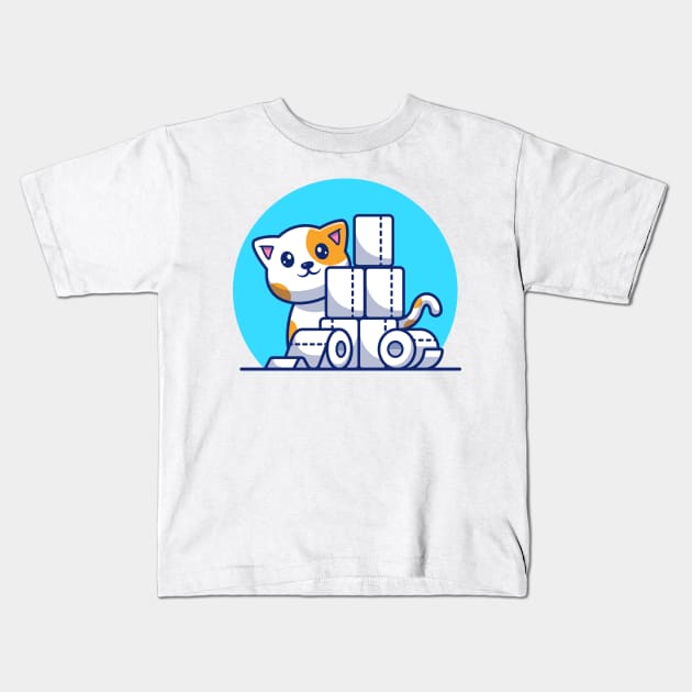 Cute cat with tissue  paper roll cartoon Kids T-Shirt by Catalyst Labs